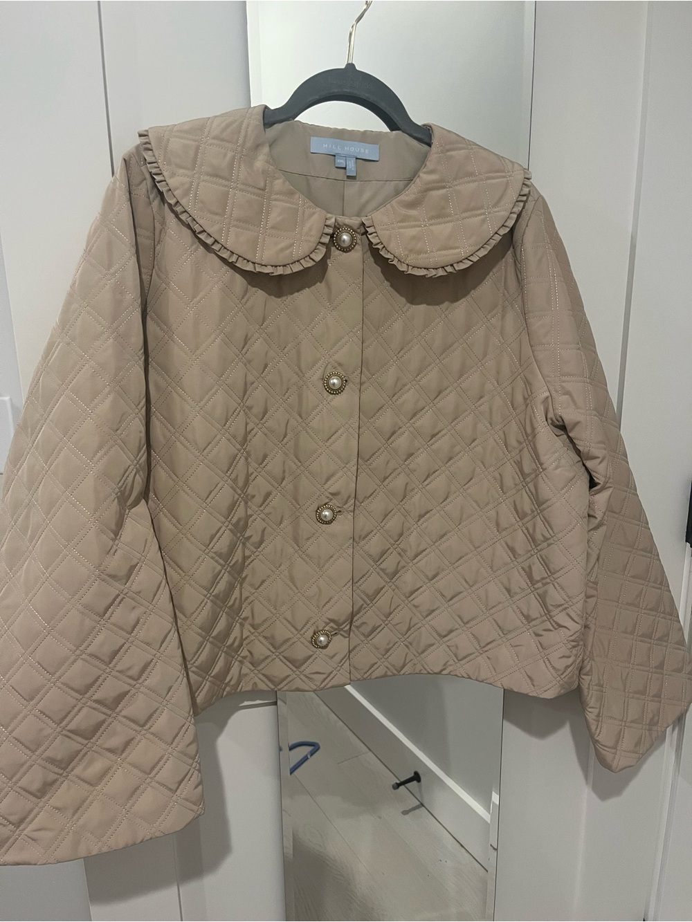 Hill House Quilted Jacket with Ruffle Collar in Taupe